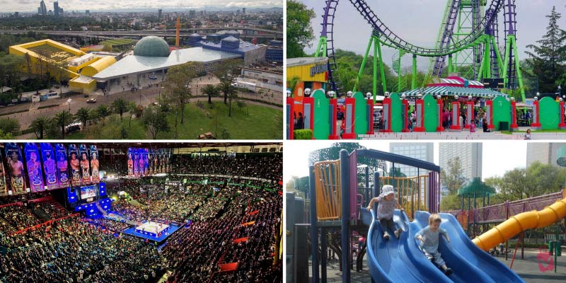 A collage of kid-friendly activities, including a modern museum exterior, a roller coaster, a wrestling match, and a playground.