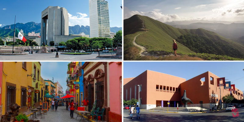A four-part image shows scenes of Monterrey's natural attractions. From top left, clockwise: a city skyline with mountains and a Mexican flag; a person hiking on a mountain trail; a modern art museum building with a horse statue; and a colorful street scene.