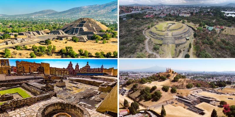 An aerial view of ancient Mexican pyramids, surrounded by lush greenery, under a clear sky, highlighting Mexico City's pyramid attractions.