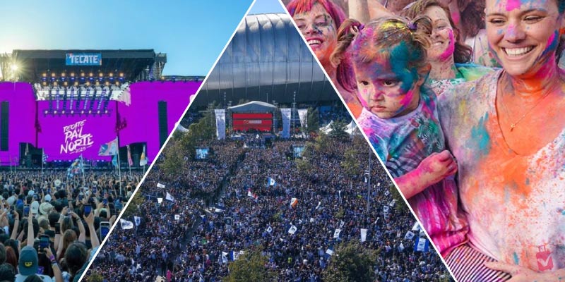 A triangular collage captures major events in Monterrey. From left to right: a large outdoor music festival crowd; an aerial view of a packed stadium; and people covered in colorful powder at a festival.