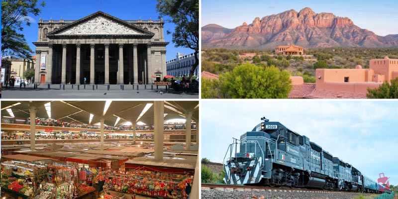 A collage of four must-visit attractions in Guadalajara - the Neoclassical Teatro Degollado, a desert landscape with mountains and traditional buildings, a bustling indoor market, and a train traveling through a rural area.