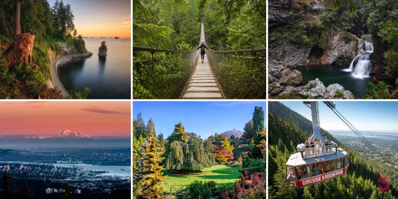 Collage of natural attractions in Vancouver including Siwash Rock, a suspension bridge, a waterfall, and the Grouse Mountain gondola.