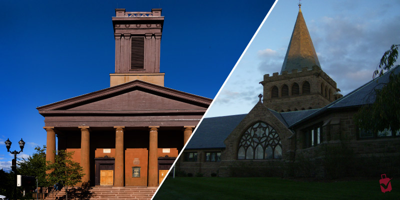 A split image featuring two colonial churches in New Jersey; one with a tall steeple and the other a red brick building with columns.
