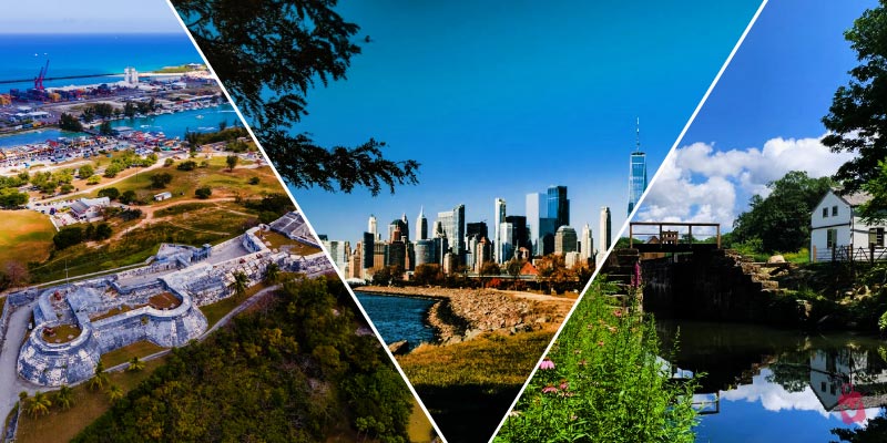 A triangular collage of three images: a bustling port with a fort, the New York City skyline across the water, and a historic lock house by a canal.