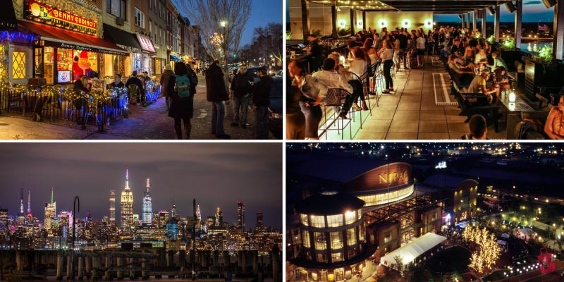 Vibrant rooftop bars and city lights at night capture the energetic New Jersey Nightlife Scene from Hoboken to Newark.
