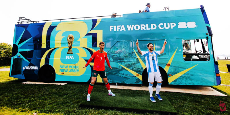 A blue bus decorated with New Jersey World Cup 2026 branding features life-sized cutouts of soccer stars Cristiano Ronaldo and Lionel Messi.