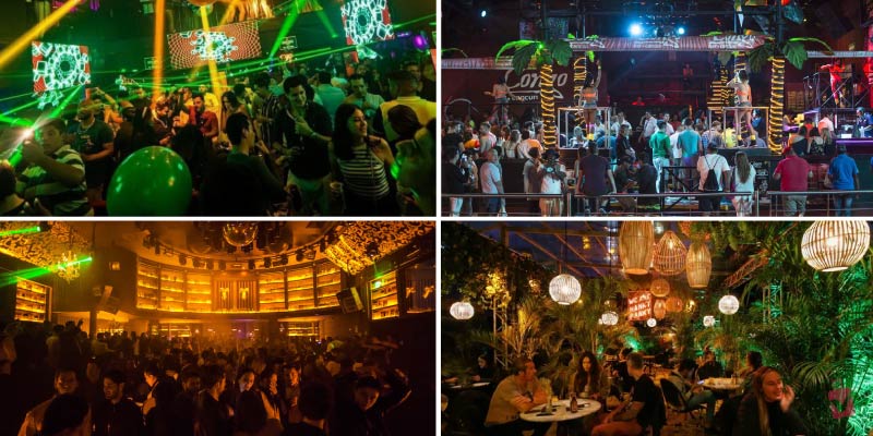 A collage of lively nightlife scenes in Mexico City, featuring crowded clubs with neon lights and a vibrant bar with tropical decor.