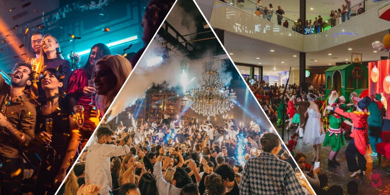A triangular collage depicts the vibrant nightlife in Monterrey. From left to right: people toasting at a lively party; a crowded club with a chandelier and special effects; and people dancing at an indoor event.