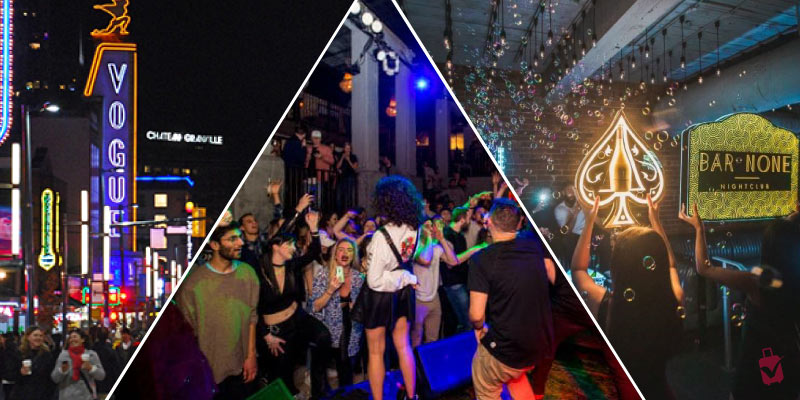 Nightlife in Vancouver featuring the neon lights of Granville Street and people enjoying music and dancing at city nightclubs.