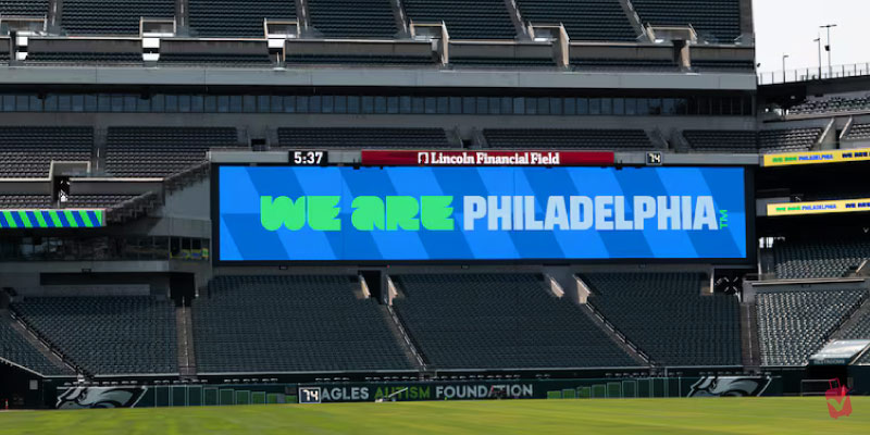Lincoln Financial Field stadium screen displays a welcoming message, representing the Philadelphia World Cup stadium venue for fans.