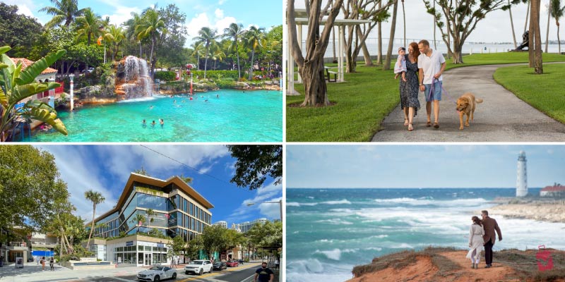 A collage of four images highlighting romantic spots in Miami a natural swimming pool with a waterfall, a couple walking a dog in a park, a modern building, and a couple by a lighthouse at the beach.