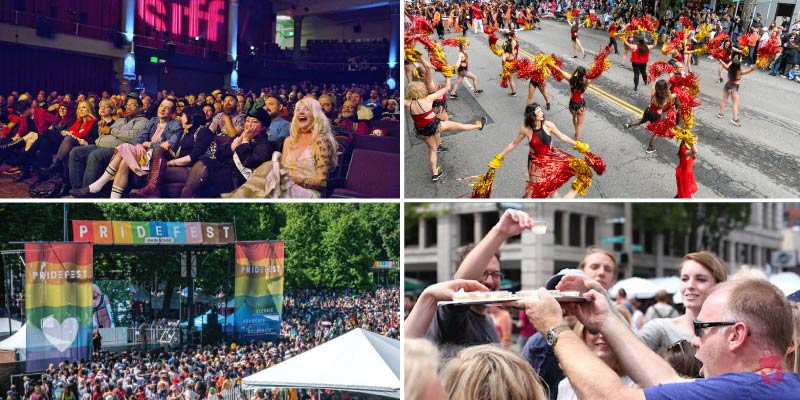 A collage depicting lively Seattle summer events and festivals, including Pride celebrations, colorful street parades, and local food fairs.