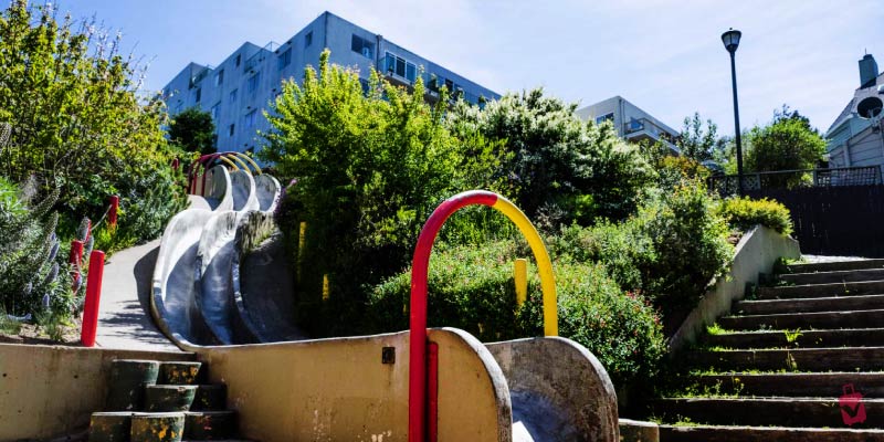 A view of the concrete Seward Street Slides surrounded by greenery and urban buildings for outdoor fun in San Francisco.