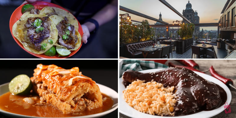 A collage of delicious Mexican street food, including tacos, tortas, and mole poblano, highlighting the diverse culinary scene.