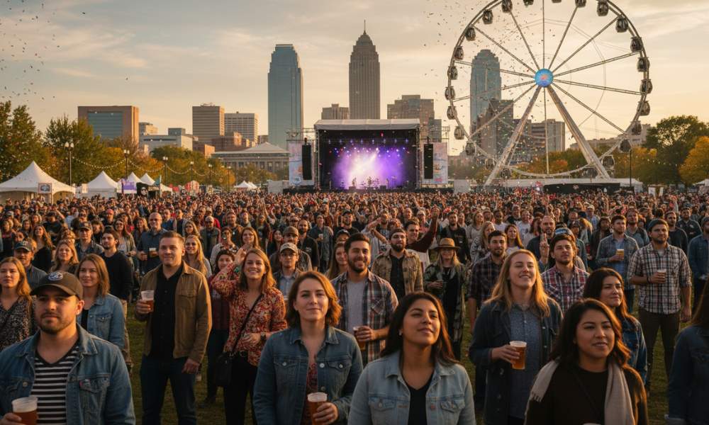 A massive crowd enjoys an outdoor concert with a Ferris wheel and skyline views during one of the Biggest Festivals and Events in Kansas City.