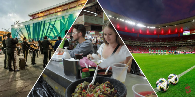 A triangular collage showing things to do in Guadalajara at night - a mariachi band playing outdoors, people enjoying street food, and a vibrant football stadium during a night game.