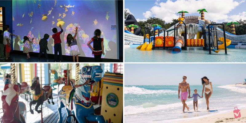 A collage of four images showing kid-friendly activities in Miami an interactive marine exhibit, a water park, a carousel, and a family playing on the beach.