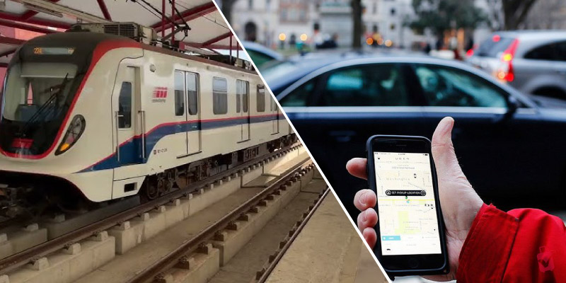 A split image illustrates transportation options in Monterrey, with a modern train at a station on the left and a person holding a smartphone with a ride-sharing app on the right.