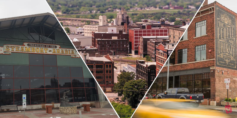 Collage featuring the Steamboat Arabia museum, historic brick buildings, and creative street murals showcasing diverse and unique Kansas City experiences for visitors.