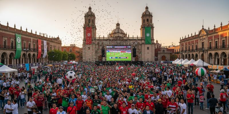 A massive crowd watches a football match on a large screen in a public square during the World Cup Fan Fest in Guadalajara with falling confetti.