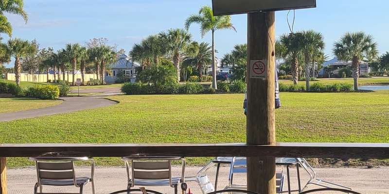 A view from a clubhouse patio overlooks lush green fairways and palm trees, making the city a golf enthusiasts' paradise.