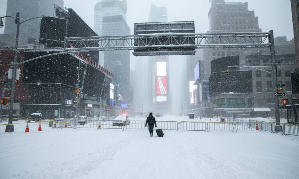 A person walks with a suitcase on a snow-covered Times Square street, empty due to a Travel Ban in NYC from a Winter Storm. Buildings with billboards stand in the falling snow.