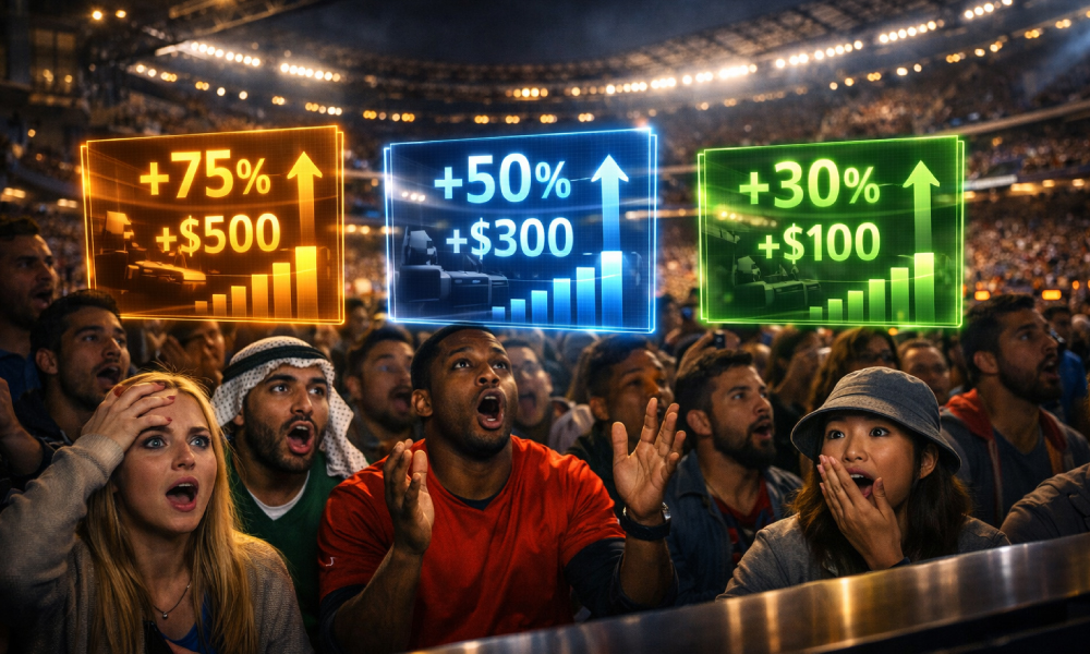 Shocked fans in a stadium look on as digital graphics display massive price hikes, reflecting how FIFA World Cup 2026 Ticket Prices Are Insane.