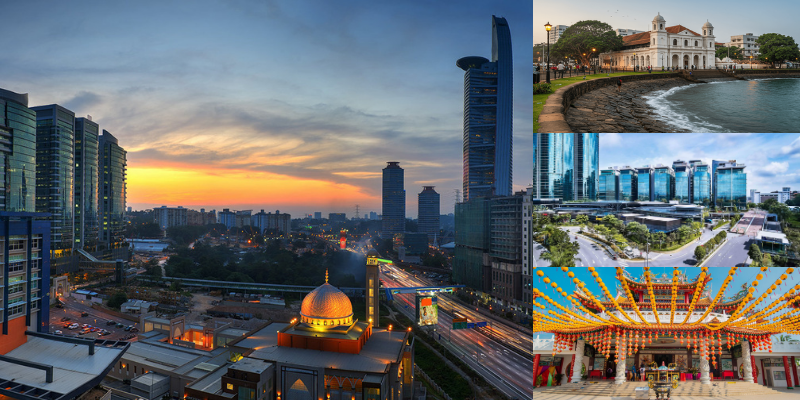 Collage of Bangsar Kuala Lumpur showing sunset city skyline over a mosque, Thean Hou Temple, coastal landmark, and modern commercial district office towers.
