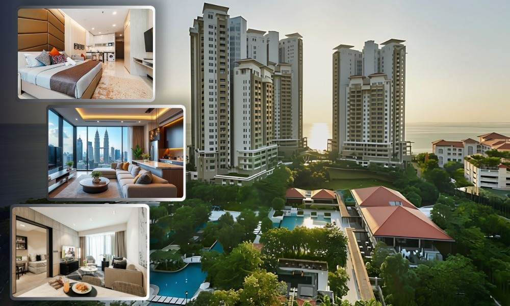 Collage of the best short-term rentals in Malaysia, featuring luxury high-rise apartments and modern condo interiors in KL, Penang, and Johor.