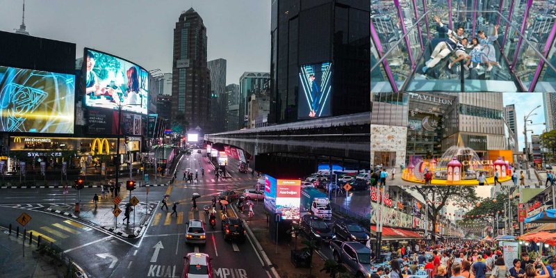 Collage of Bukit Bintang Kuala Lumpur featuring illuminated street intersections, Pavilion KL entrance, sky deck viewpoint, and lively night market dining.