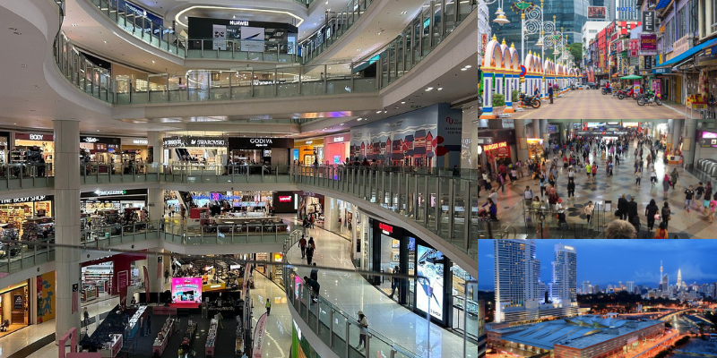 Collage showing Nu Sentral shopping mall interior, KL Sentral transport hub aerial view, busy station concourse, and vibrant Little India streets in Kuala Lumpur.