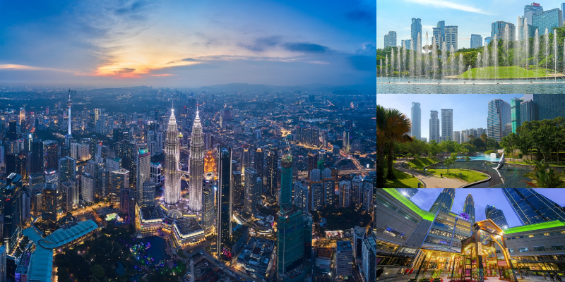 Collage of Kuala Lumpur City Centre featuring illuminated Petronas Twin Towers at dusk, KLCC Park fountains, lush green gardens, and modern shopping plaza.